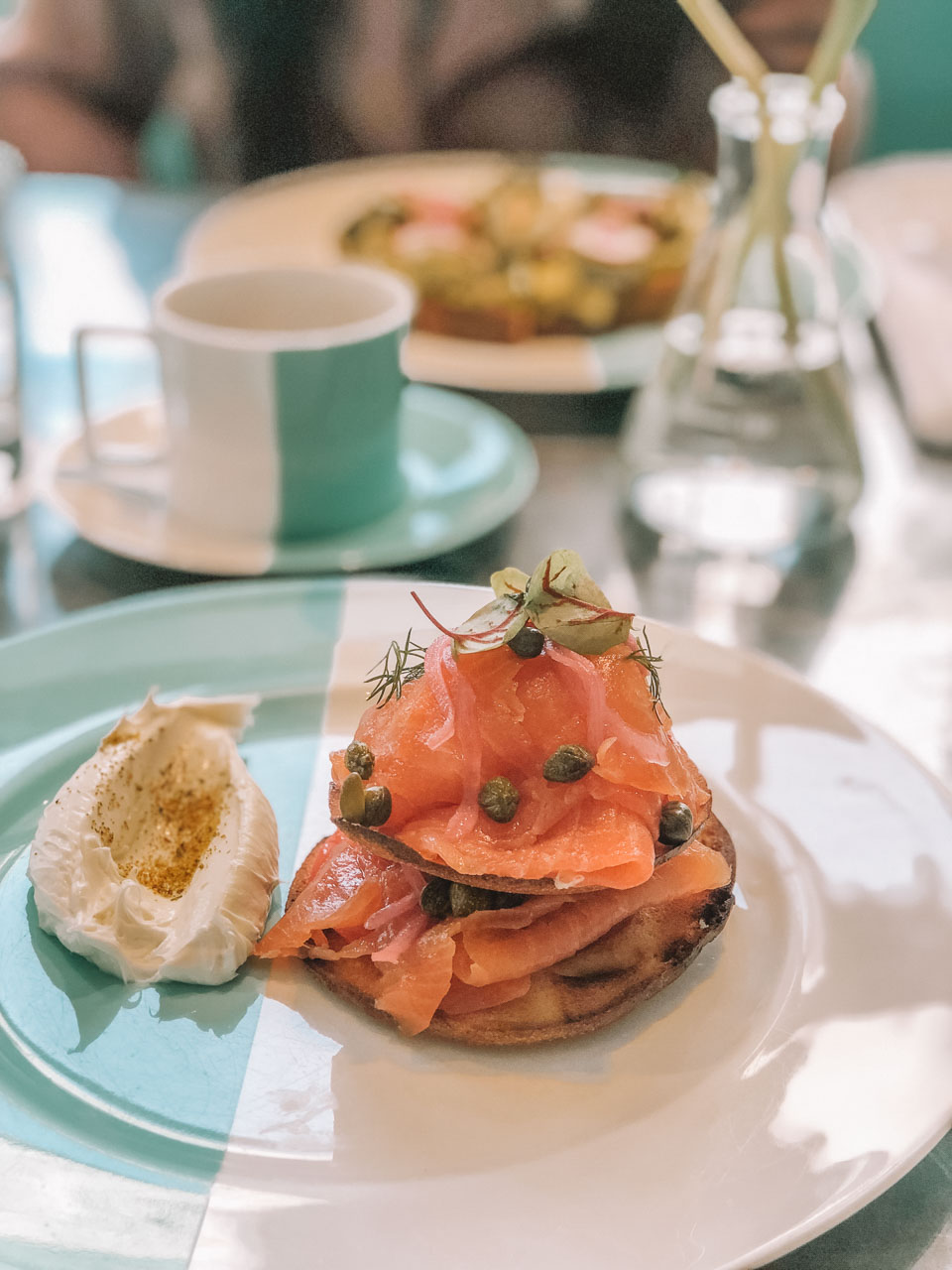 Smoked salmon and bagel stack at The Blue Box Cafe in New York City