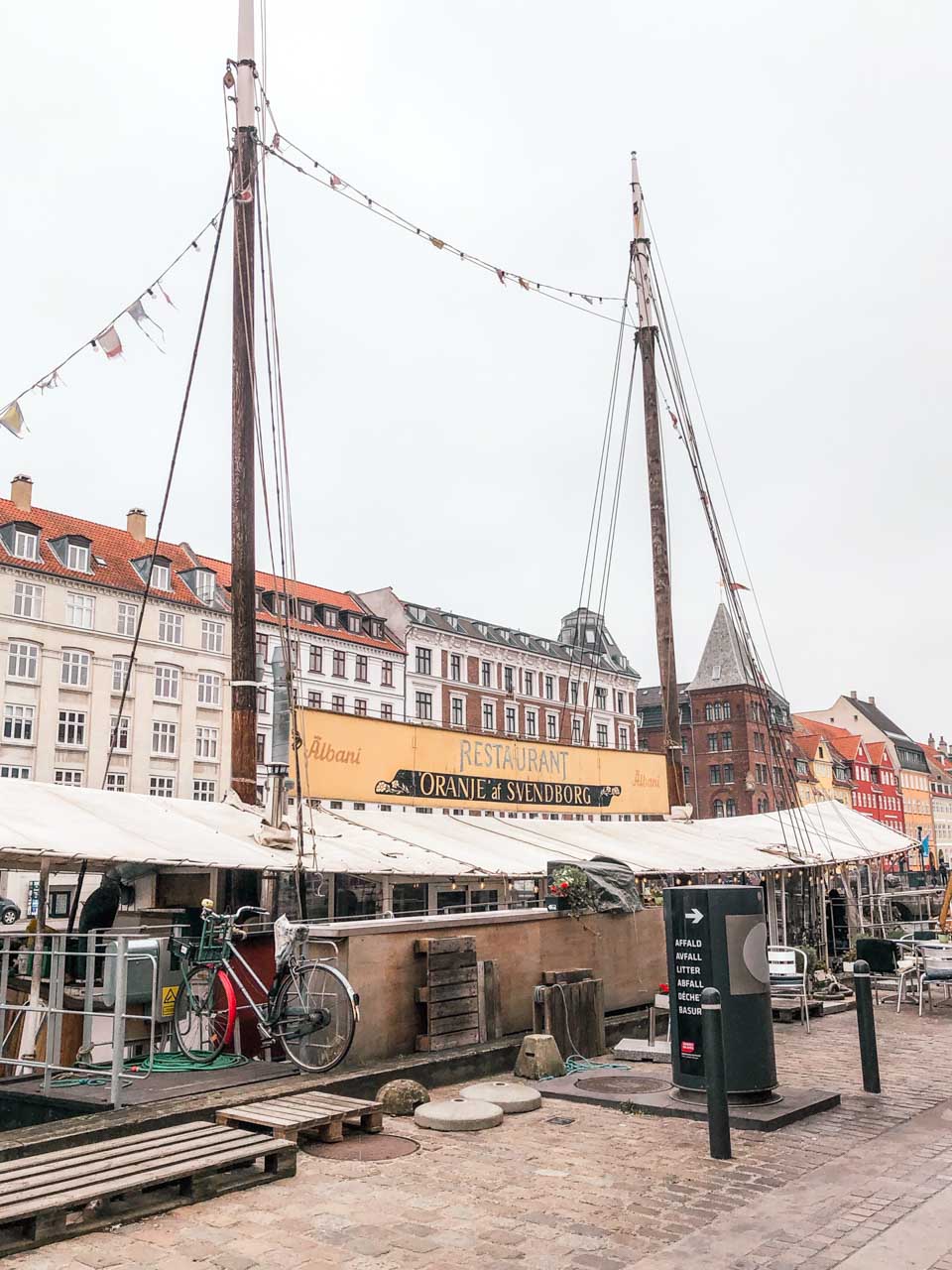 A restaurant on a boat docked in Nyhavn harbour in Copenhagen, Denmark