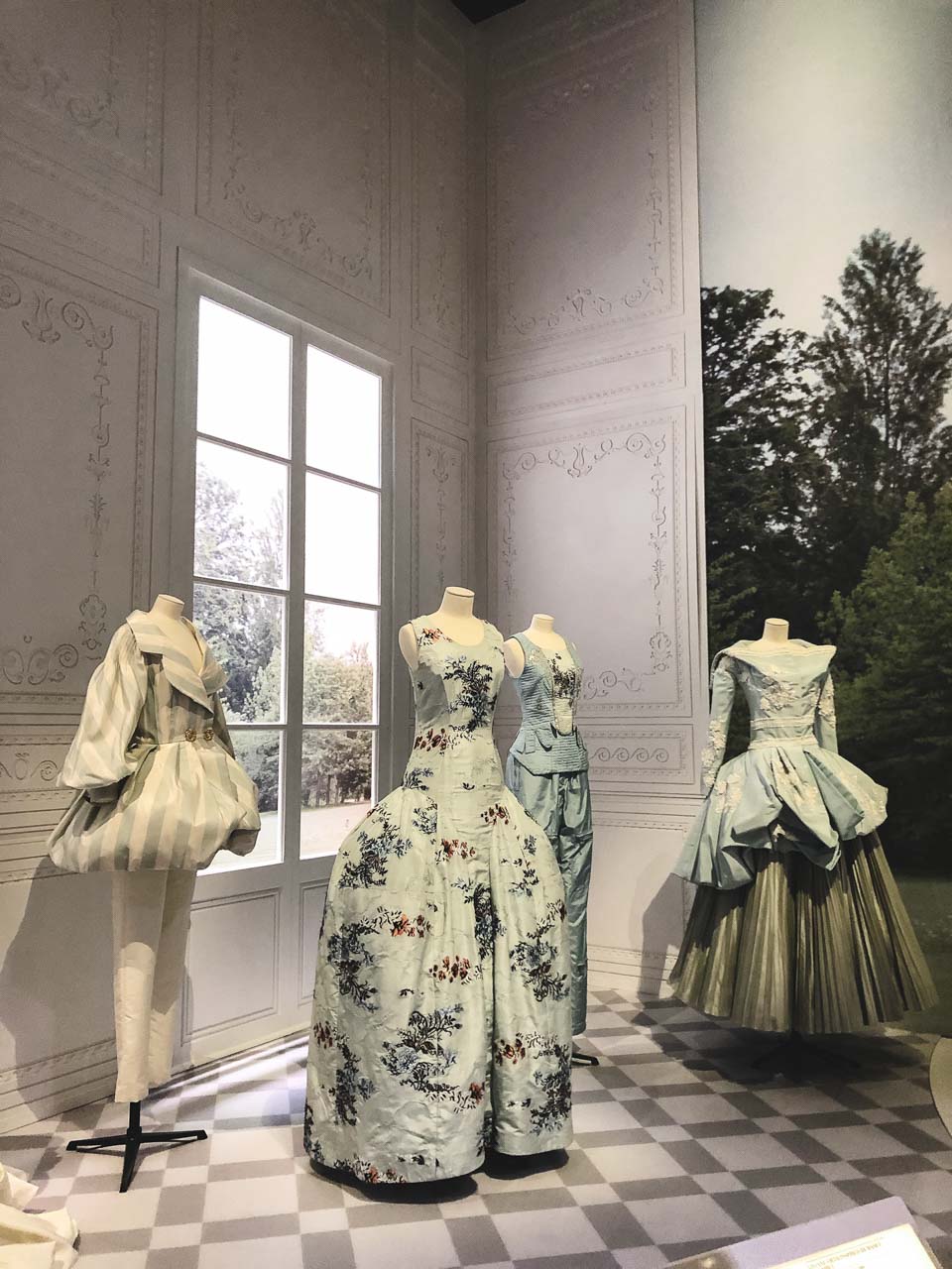Dior creations in the Historicism section of the Christian Dior: Designer of Dreams exhibition at the Victoria and Albert Museum in London