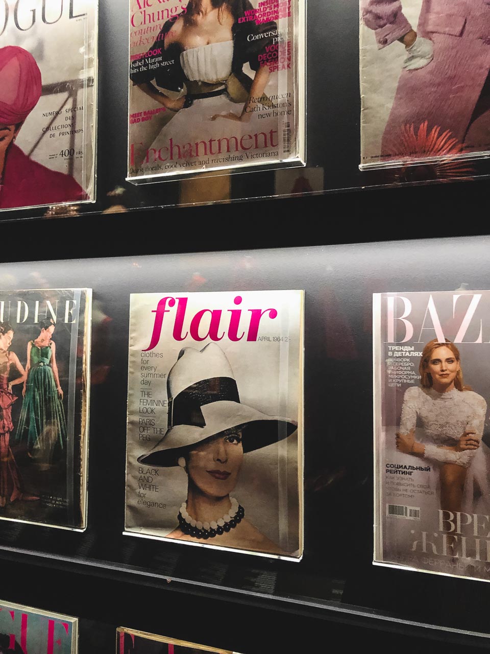 Magazine covers featuring Dior looks at the Victoria and Albert Museum in London