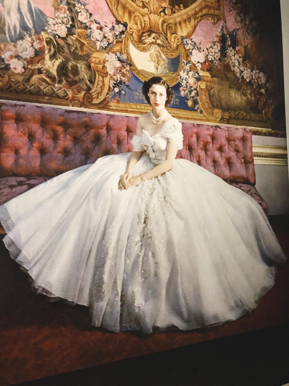 A portrait of Princess Margaret wearing the gown gifted to her by Christian Dior