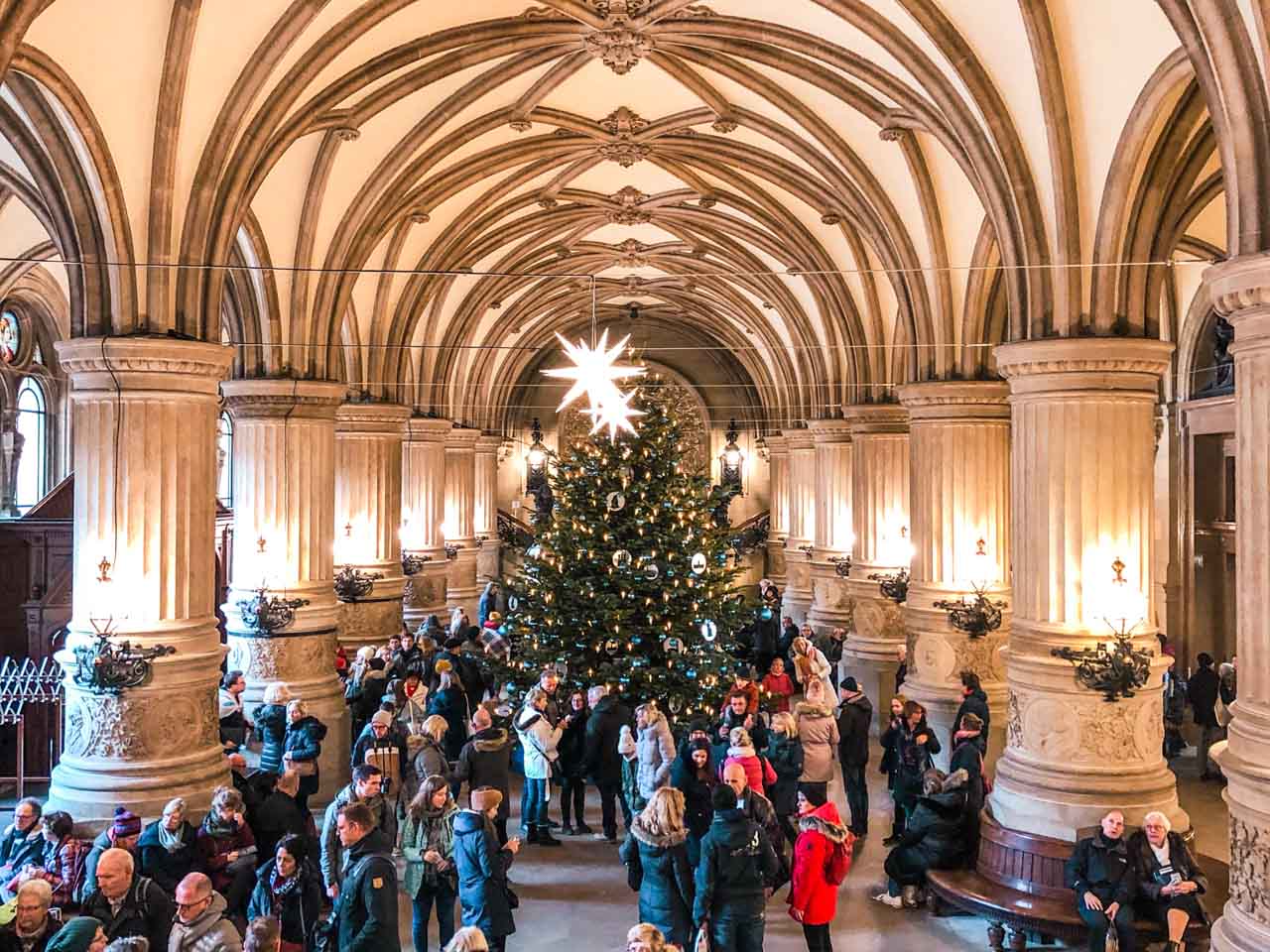A Christmas tree inside the City Hall building in Hamburg