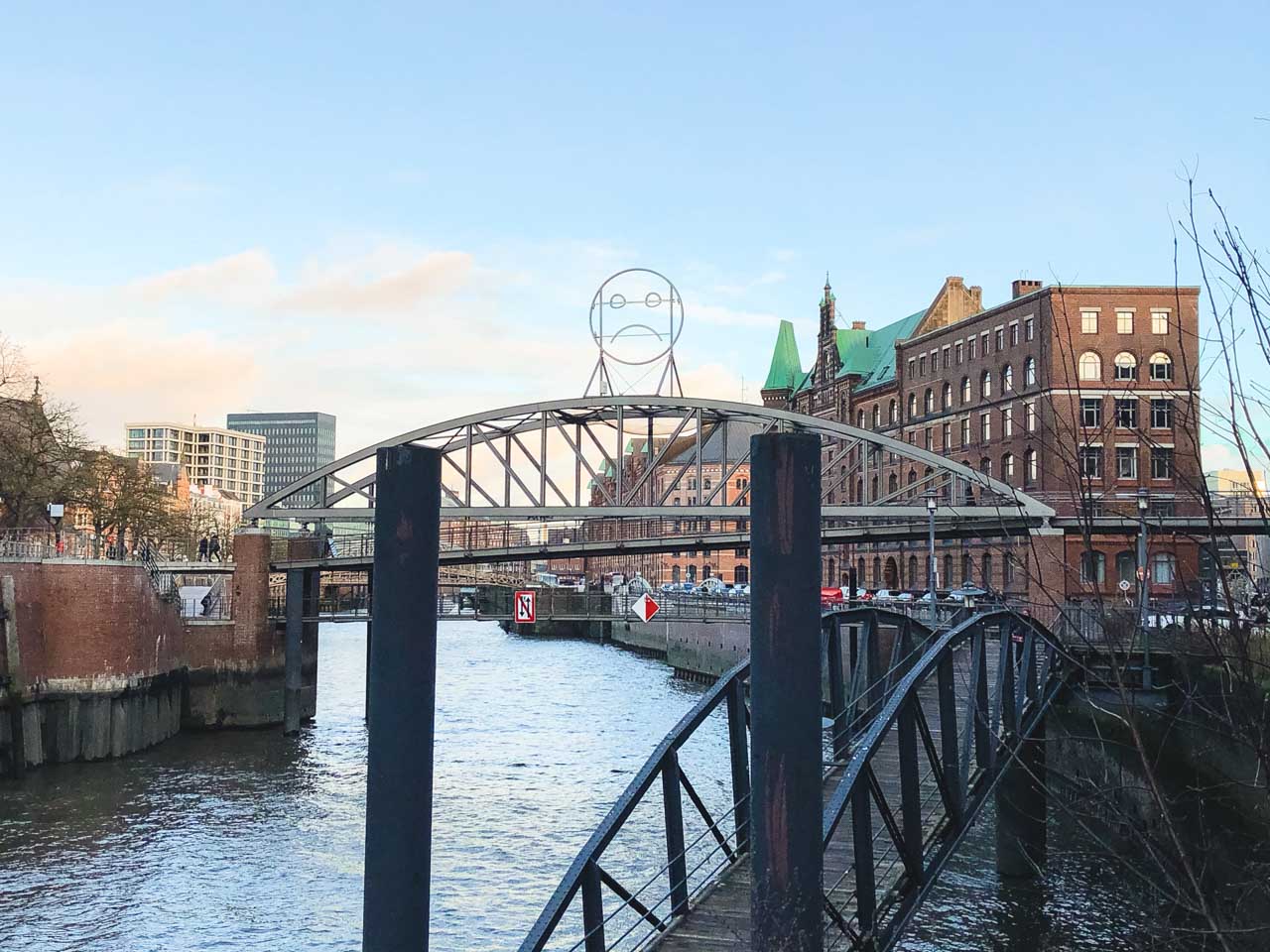 A bridge in Hamburg, Germany with a sad face on top