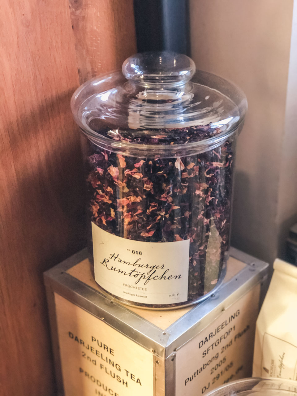 A jar filled with tea inside Wasserschloss Tea Shop in Hamburg