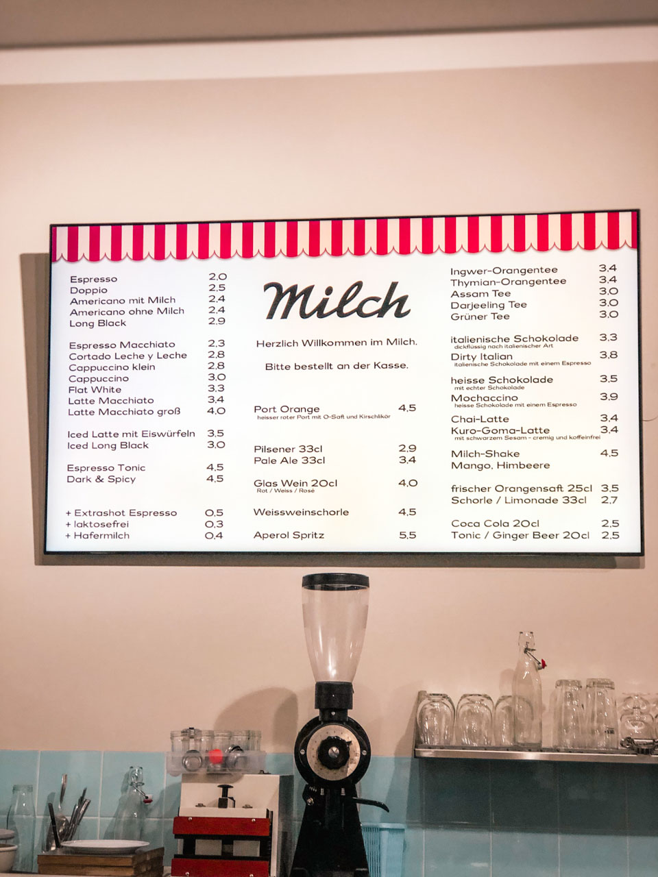 Menu on the wall of Milch café in Hamburg