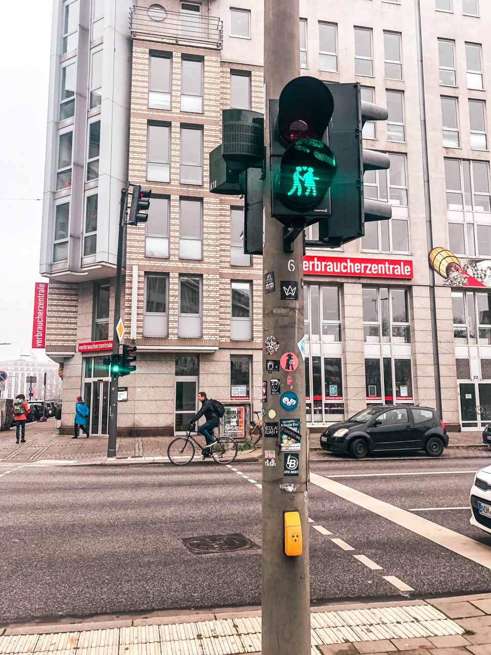 Traffic lights showing a couple holding hands in Hamburg, Germany