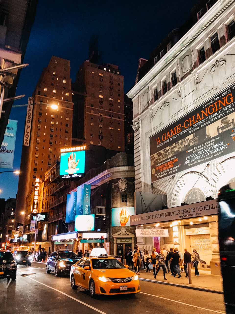 The outside of Broadway's Majestic Theatre in New York City at night