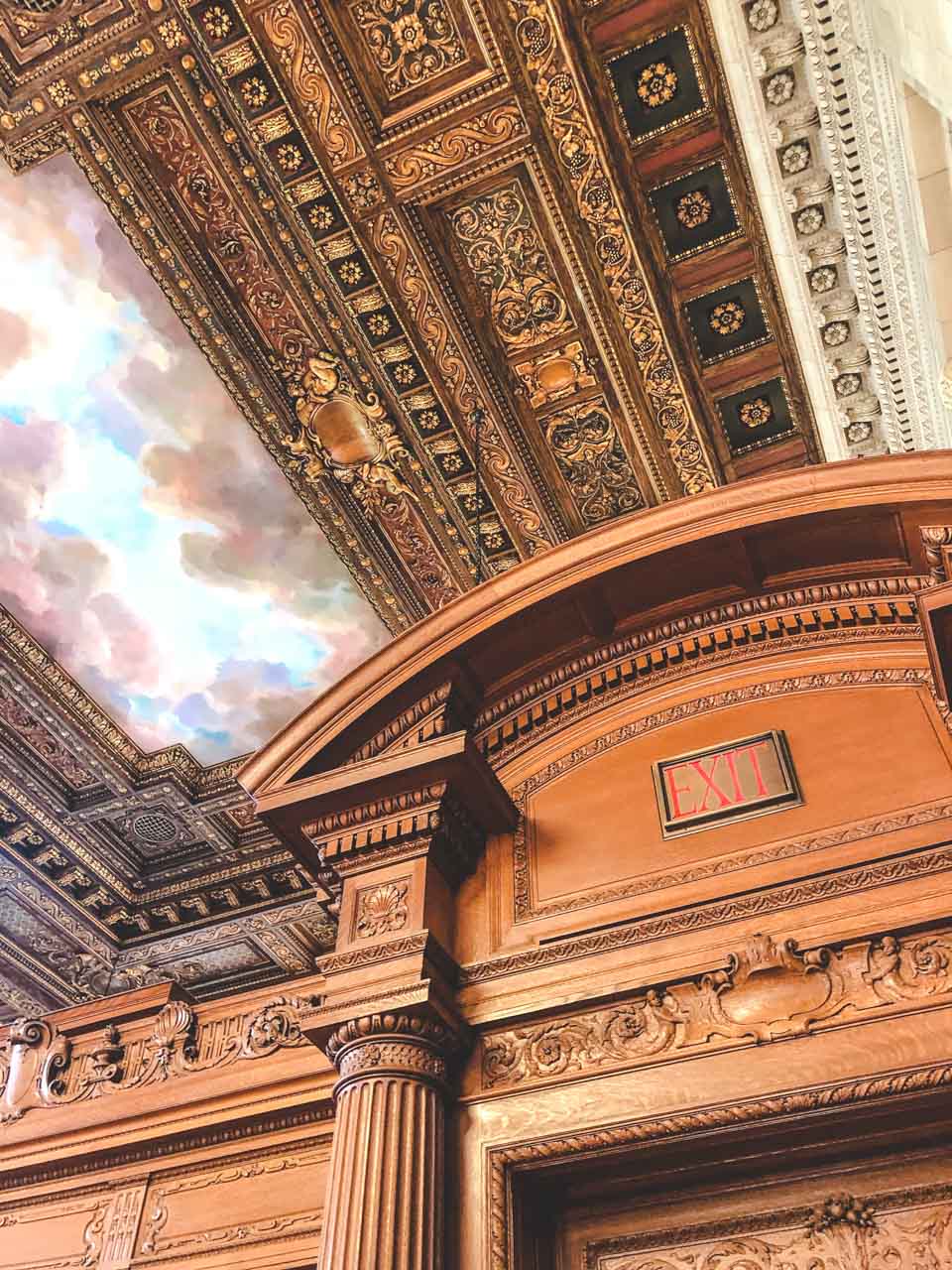 The ceiling above the Exit sign inside the New York Public Library