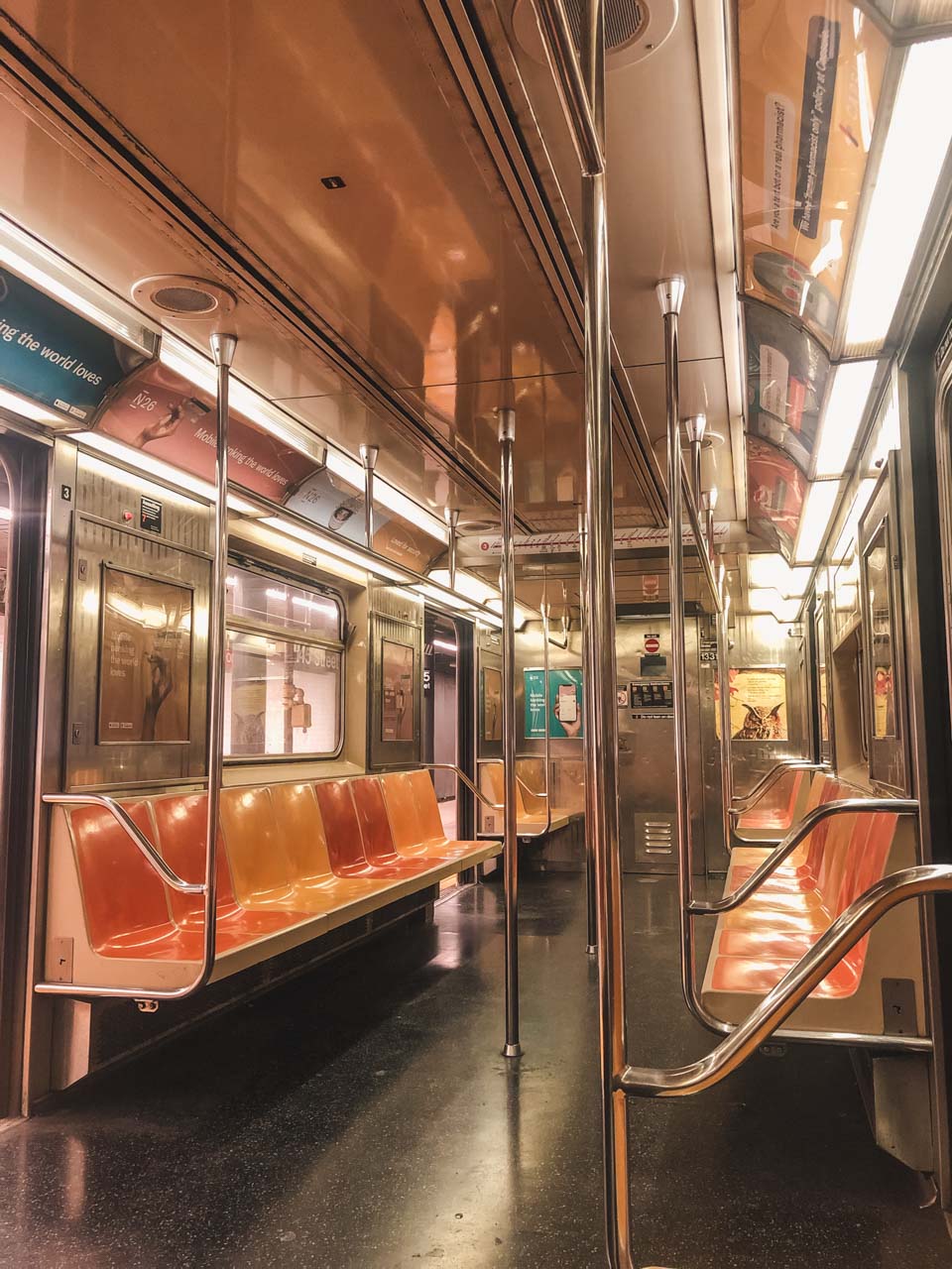 The inside of an empty subway car in New York City