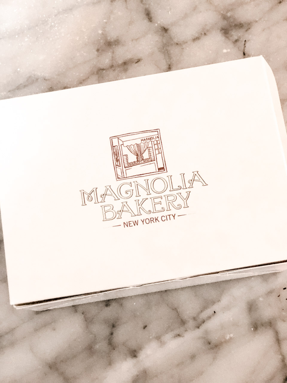 A Magnolia Bakery box against a marble background