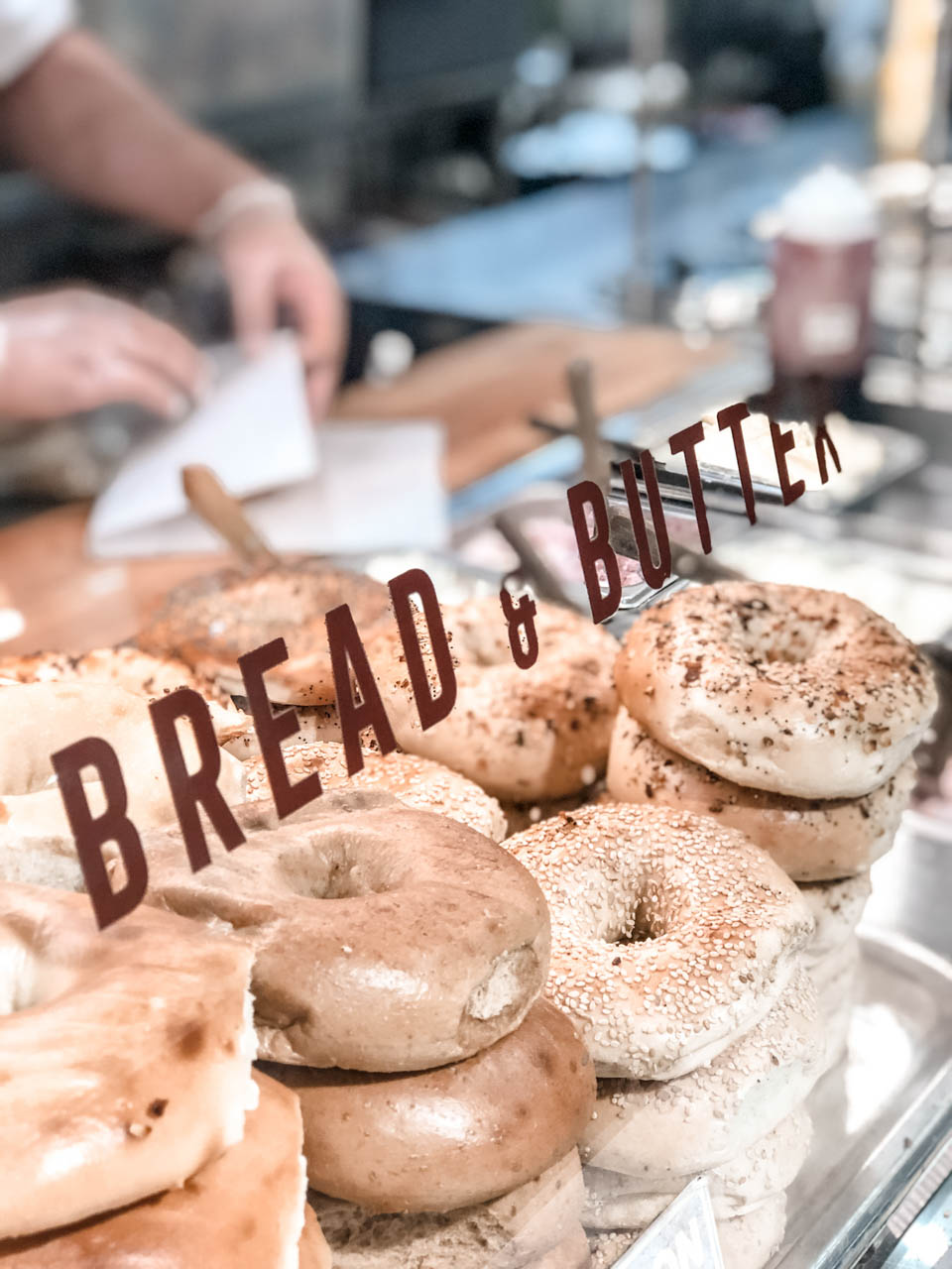 Bagels behind the counter of Bread & Butter