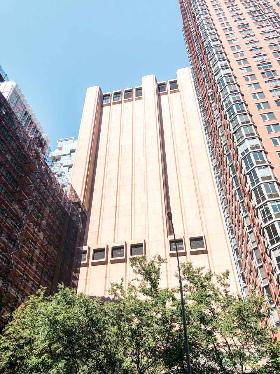 The Long Lines building, a New York skyscraper with no windows located on 33 Thomas Street