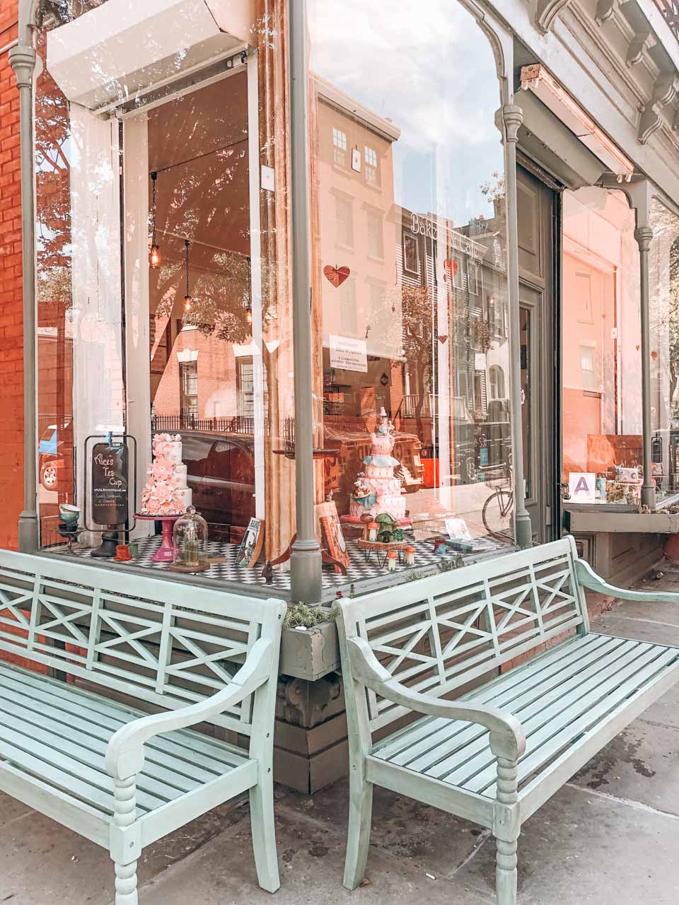 Benches outside Alice's Tea Cup in Brooklyn