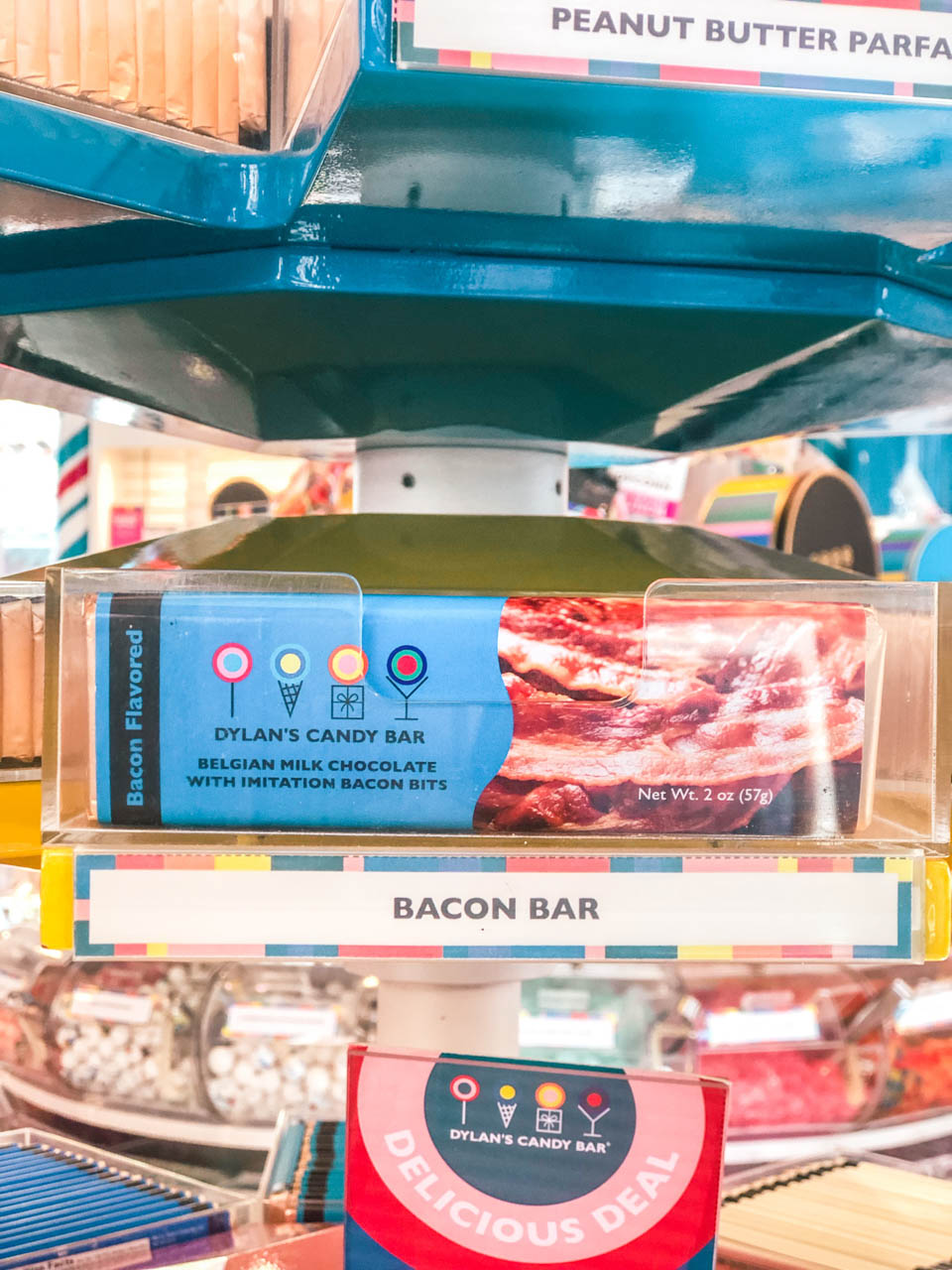A stack of bacon chocolate bars at Dylan's Candy Bar in New York City
