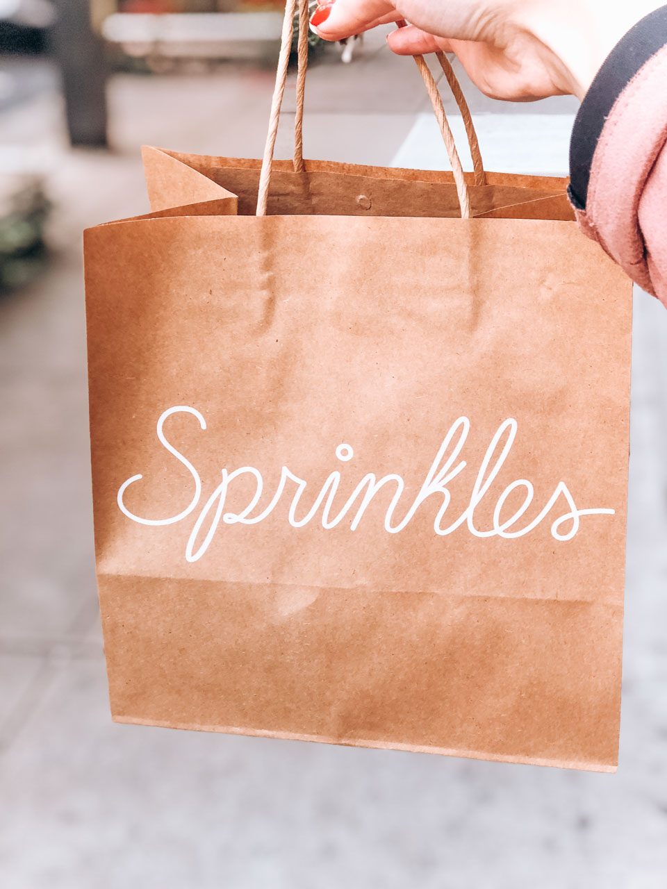 A girl holding a paper bag with Sprinkles cupcakes