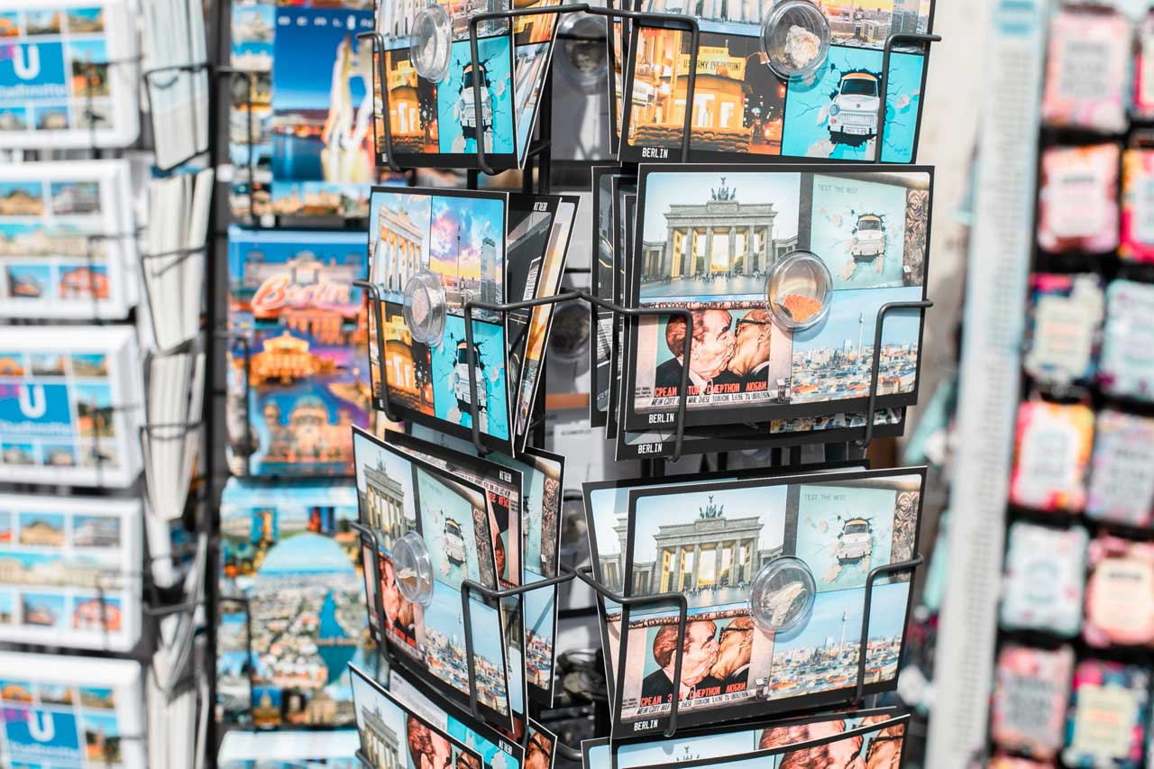 Postcard stands at a souvenir shop in Berlin, Germany