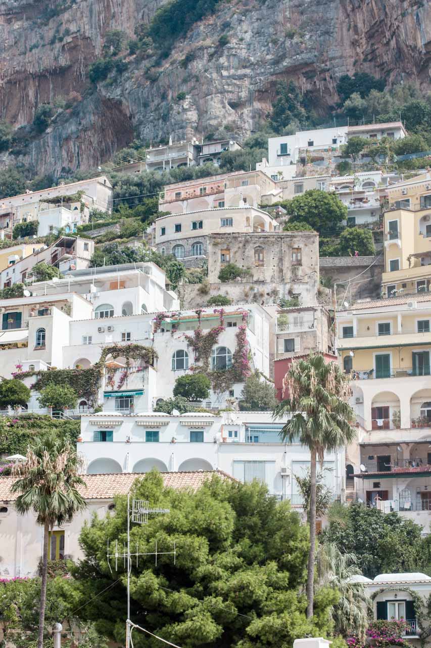 A close-up photo of the hillside houses in Positano, Italy