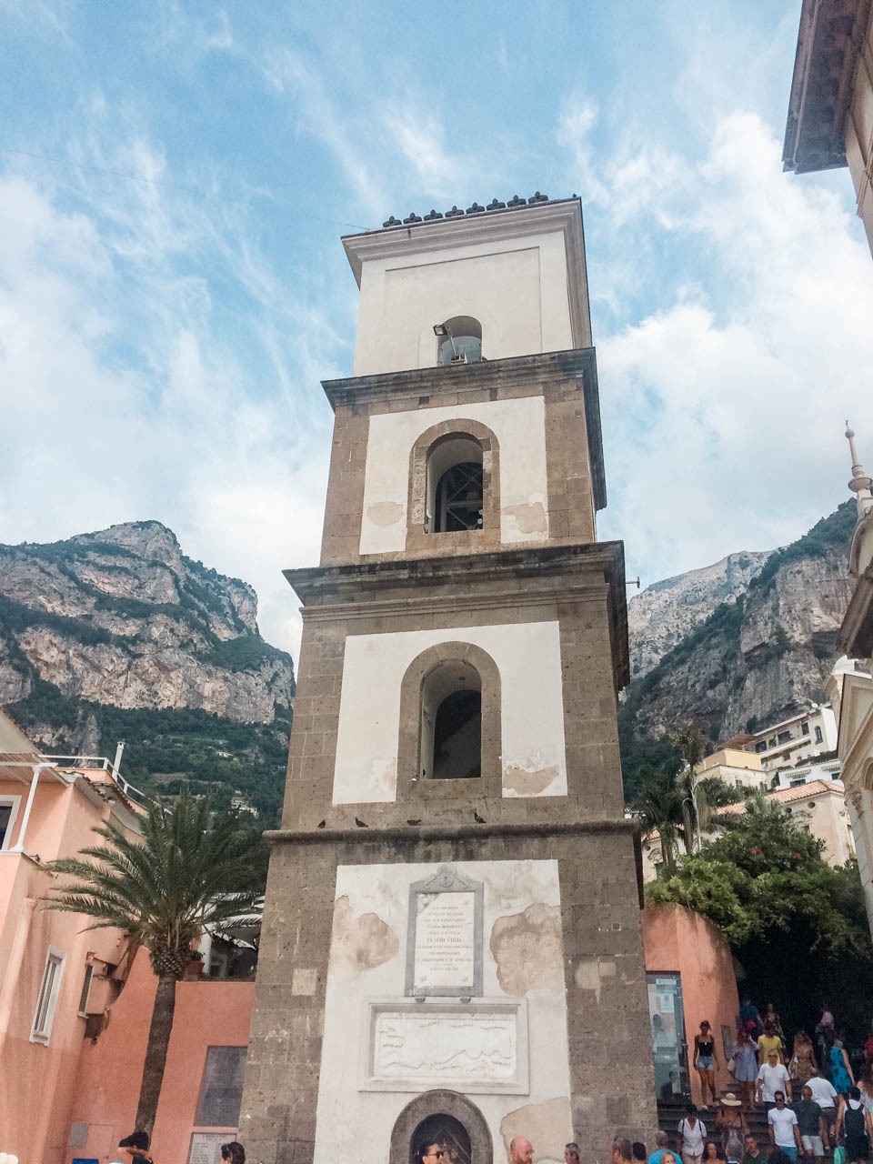 A bell tower outside the Church of Santa Maria Assunta in Positano, Italy