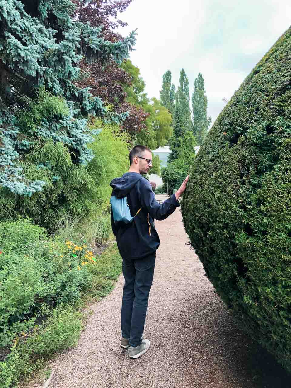 Man in a navy jacket touching a huge circular bush at the Botanical Garden in Wrocław