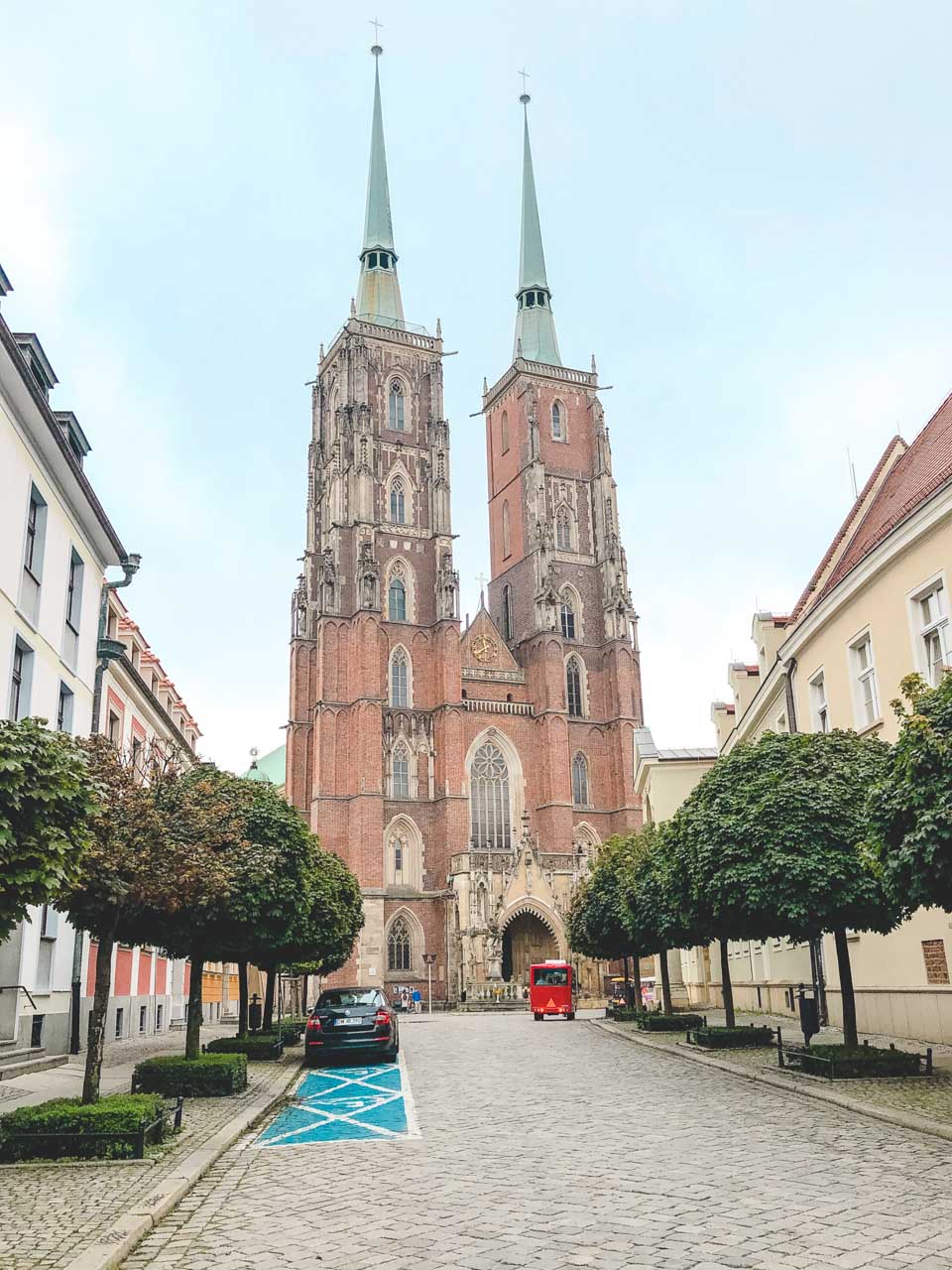A paved alley lined with trees leading to the Cathedral of St. John the Baptist in Wrocław