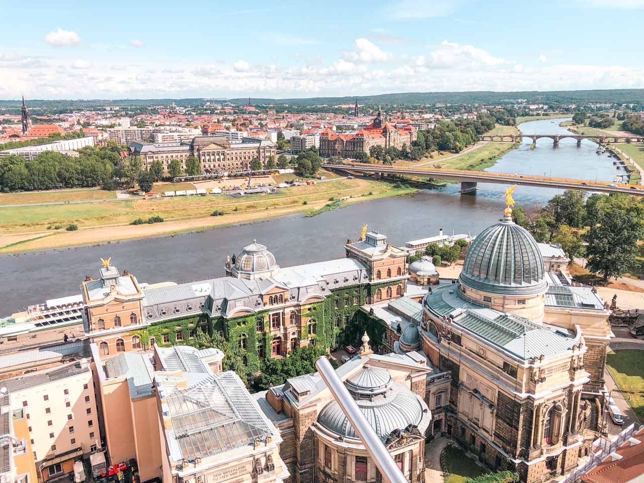 The Old Town area of Dresden and the Elbe River seen from the viewing platform of the Frauenkirche