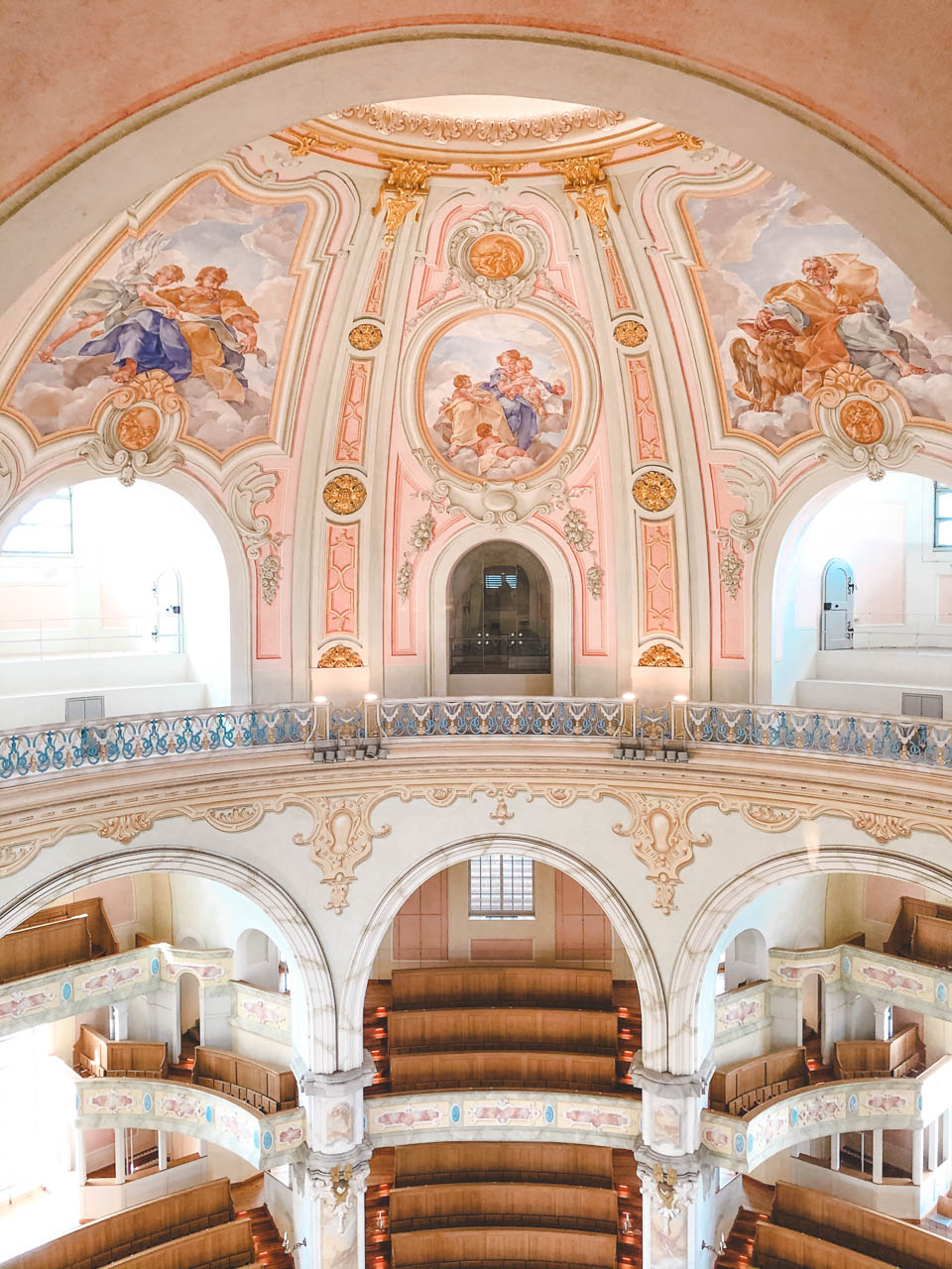 Pastel frescoes covering the dome of the Frauenkirche in Dresden