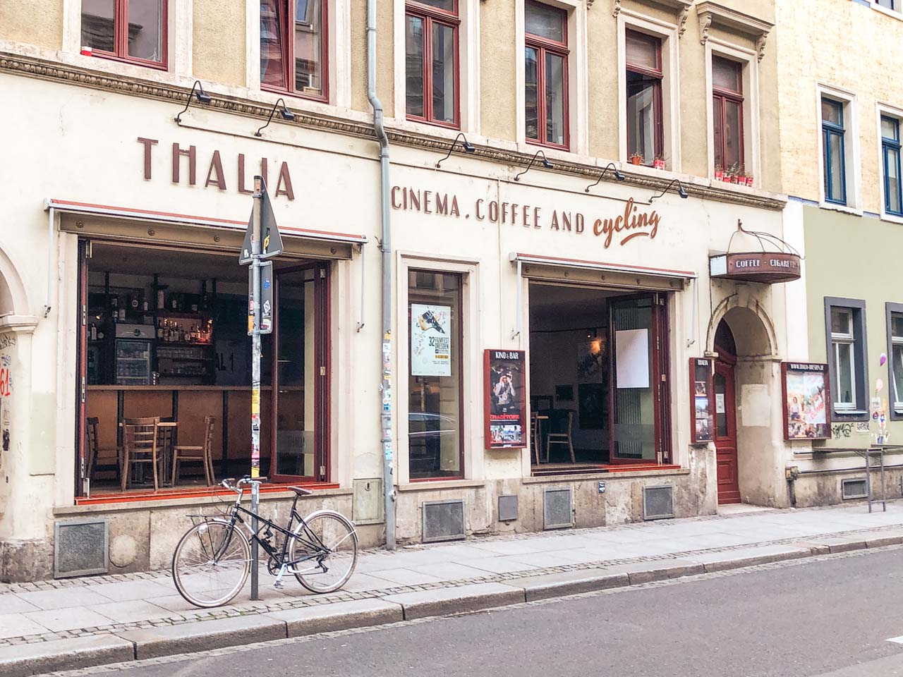 A bike parked outside Thalia in Dresden, Germany