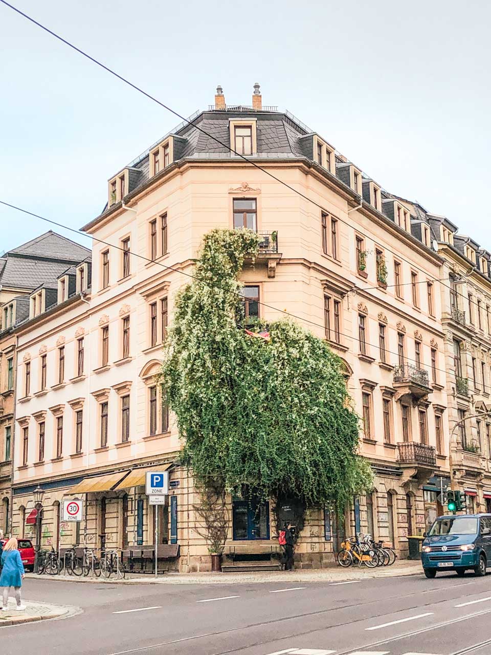 An ivy-covered building in the Neustadt area of Dresden, Germany