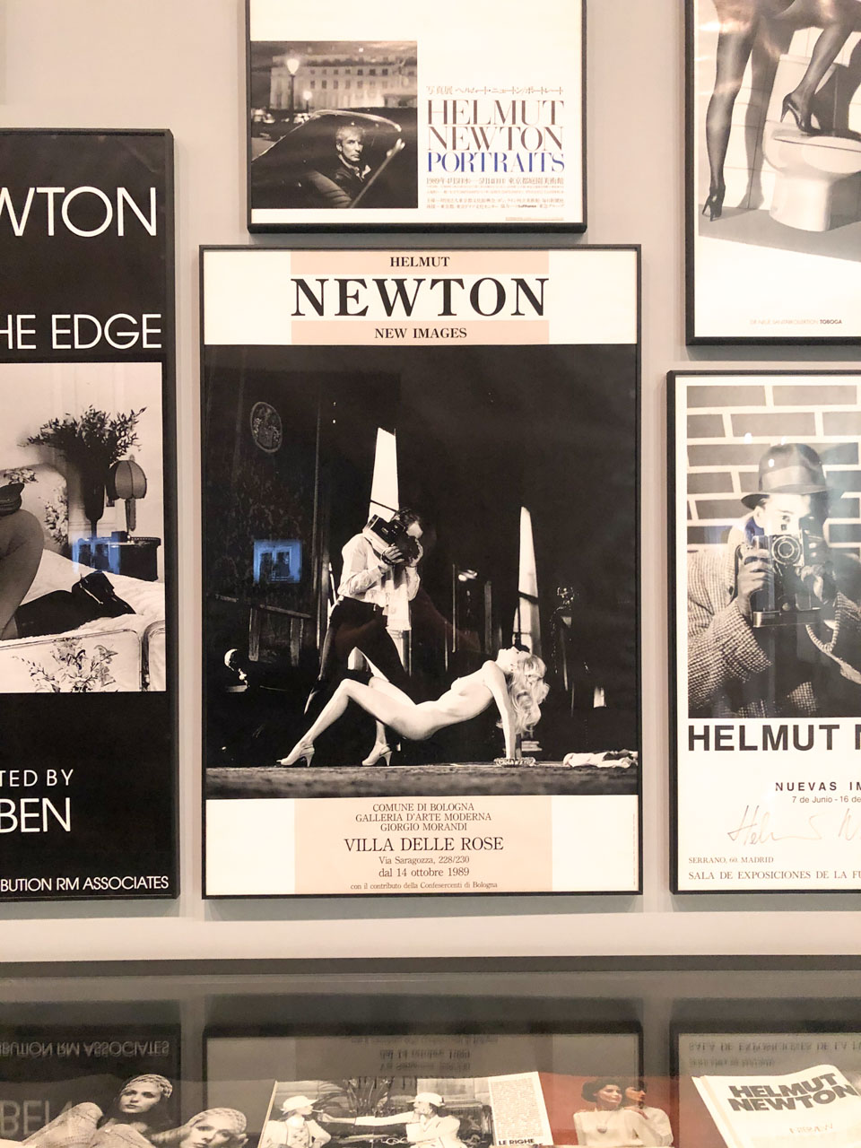 Framed Helmut Newton photos and posters on display at the Museum of Photography in Berlin, Germany