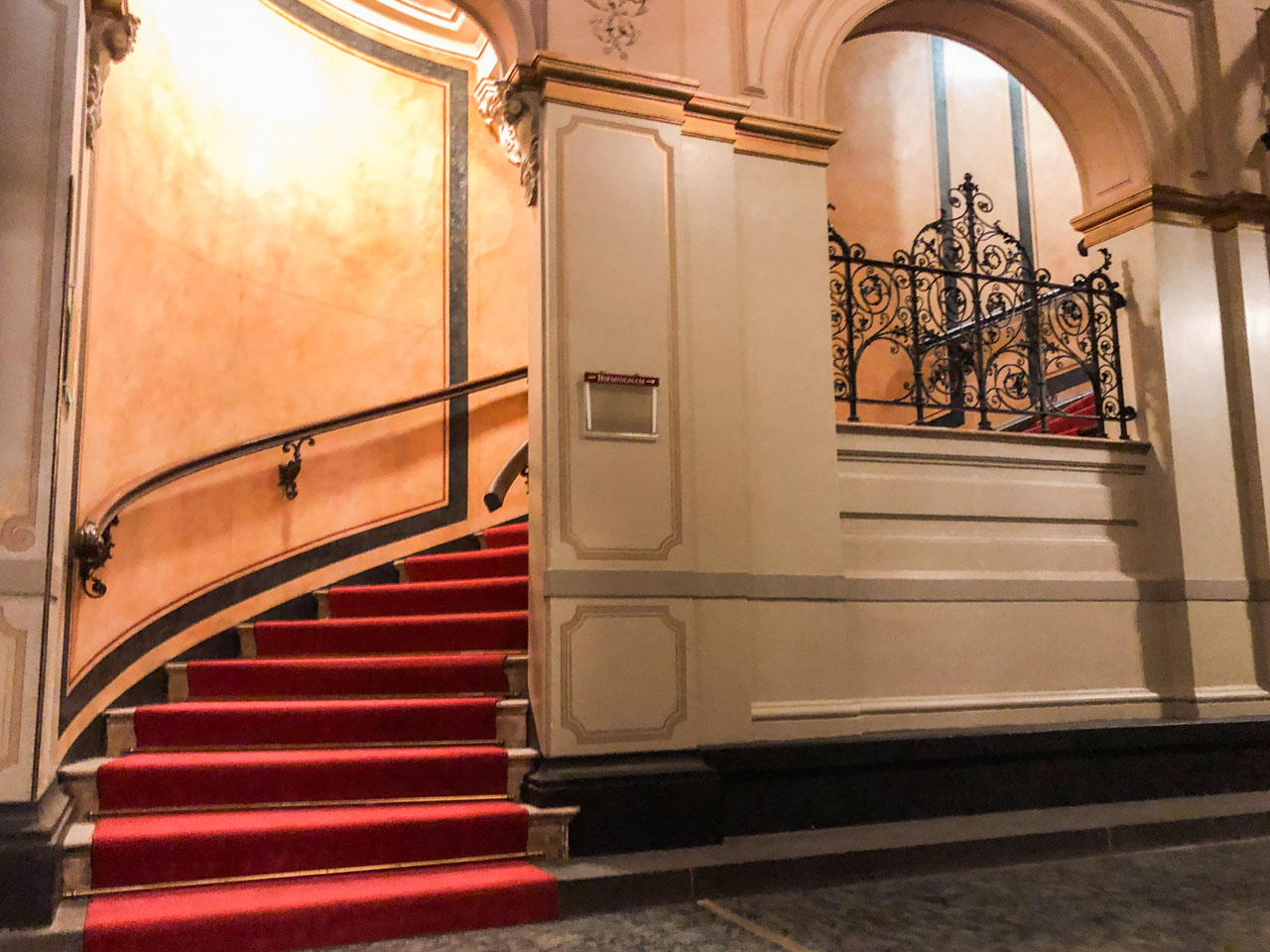 Red carpeted staircase at the Angleterre Hotel in Berlin, Germany