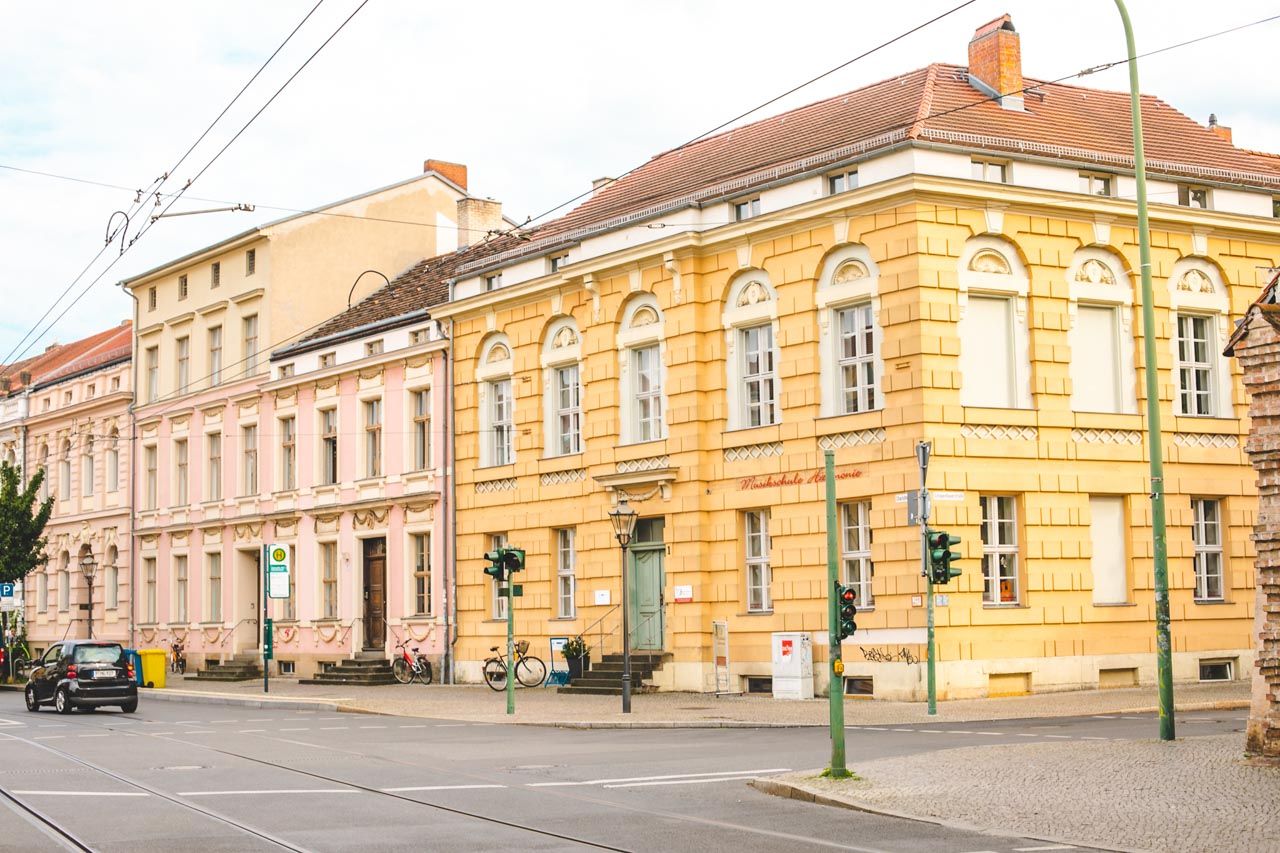 Pink and yellow tenement houses in Potsdam, Germany