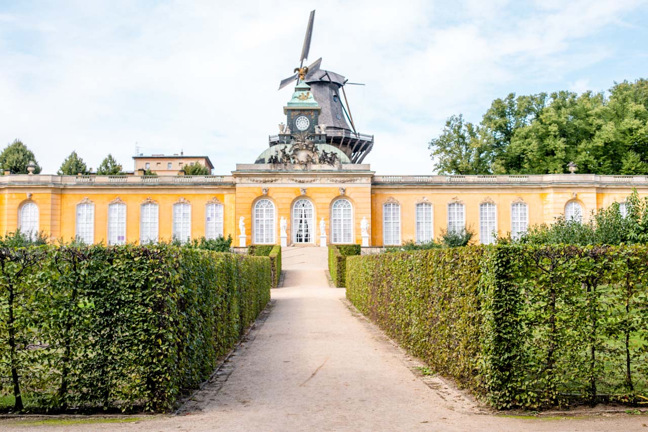 Hedges on both sides of the path leading to the New Chambers and the Historic Mill of Sanssouci