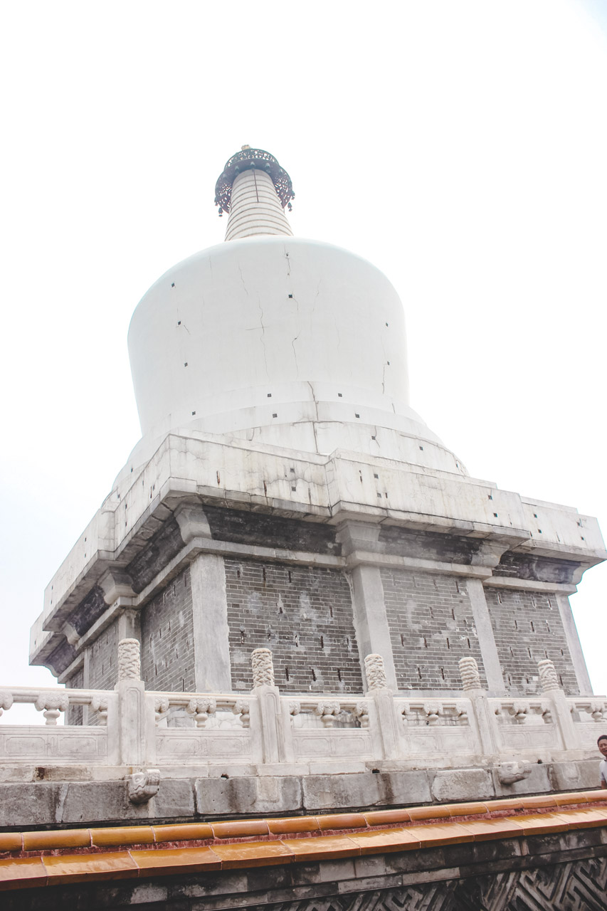 A close-up shot of The White Pagoda at Beihai Park in Beijing, China