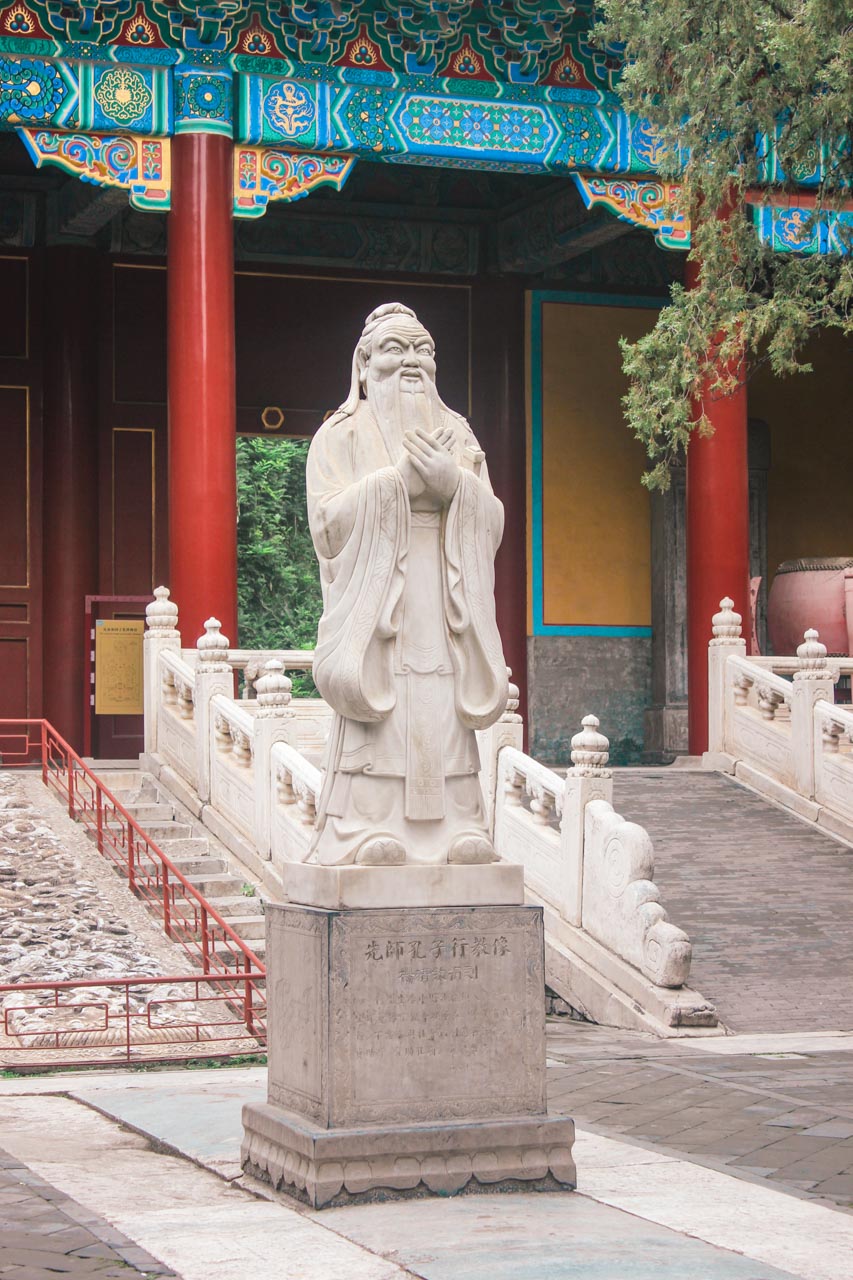 A statue of Confucius at the entrance to the Temple of Confucius in Beijing, China