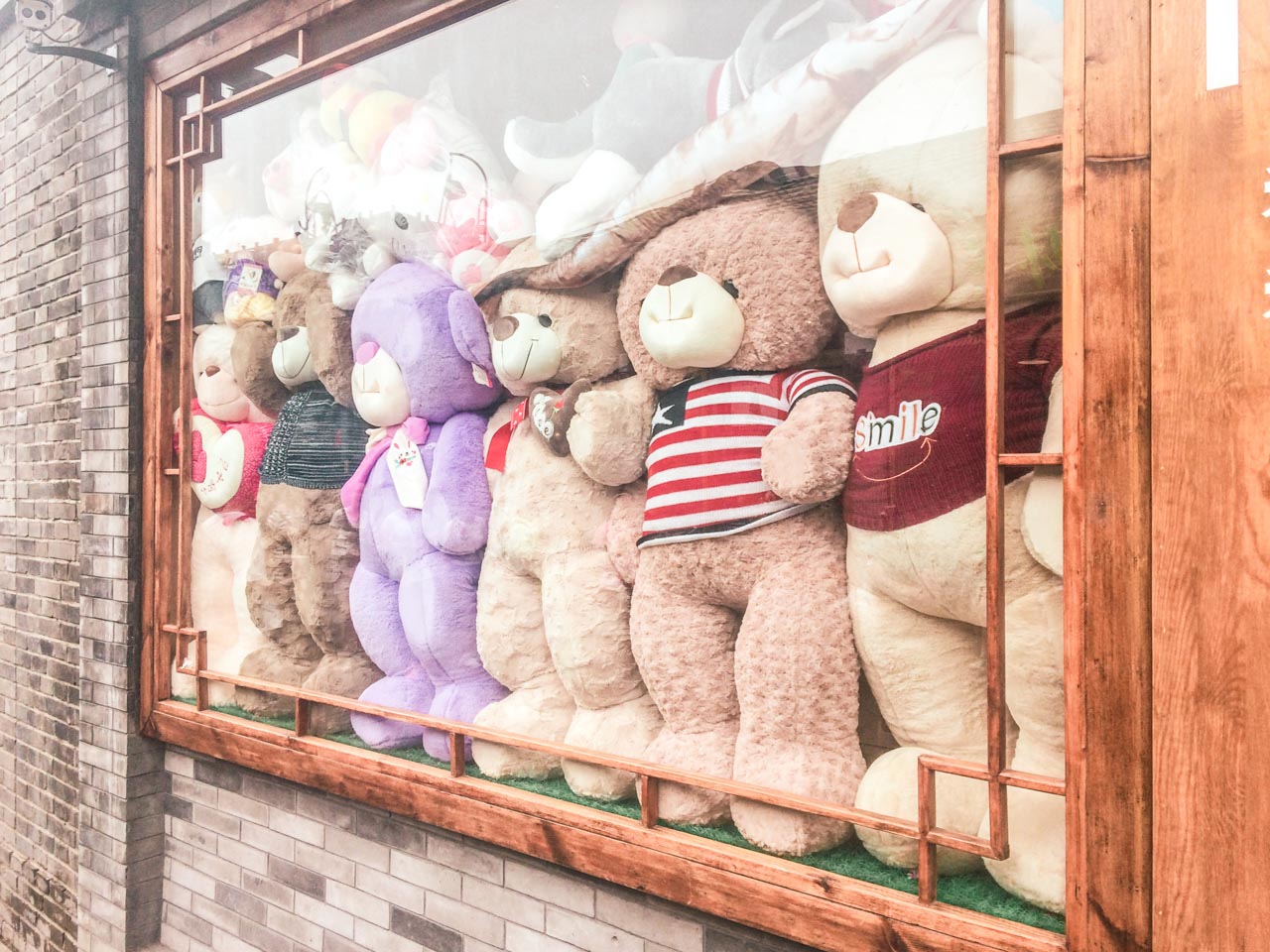 Window display at a shop in Beijing, China completely covered with big teddy bears