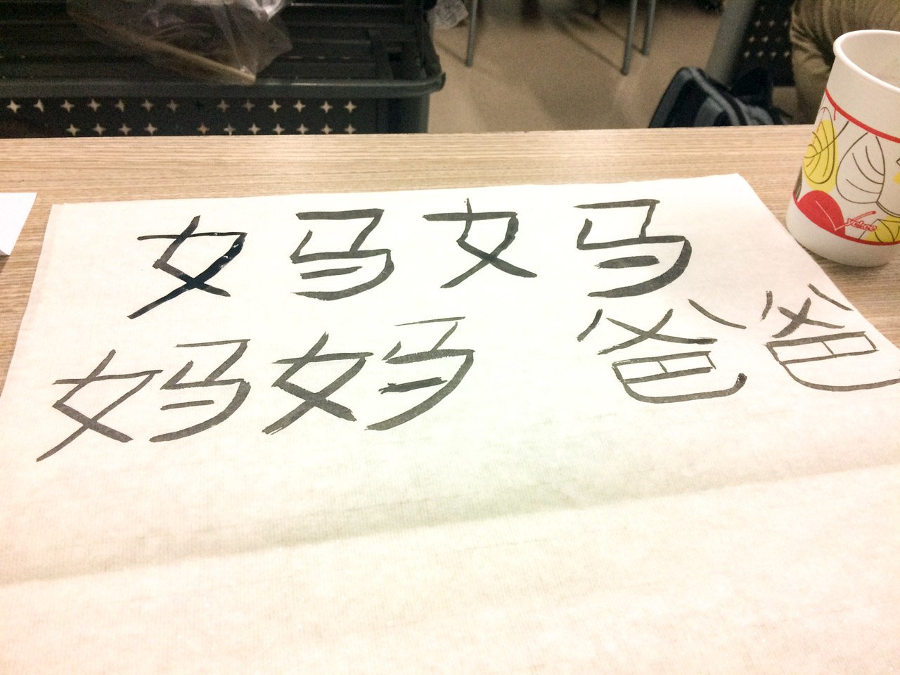 A close-up shot of various Chinese words written on special calligraphy paper