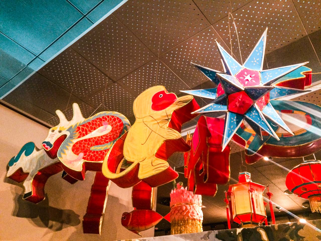 Differently shaped types of Chinese lanterns hanging from the ceiling at Beijing's Capital Museum