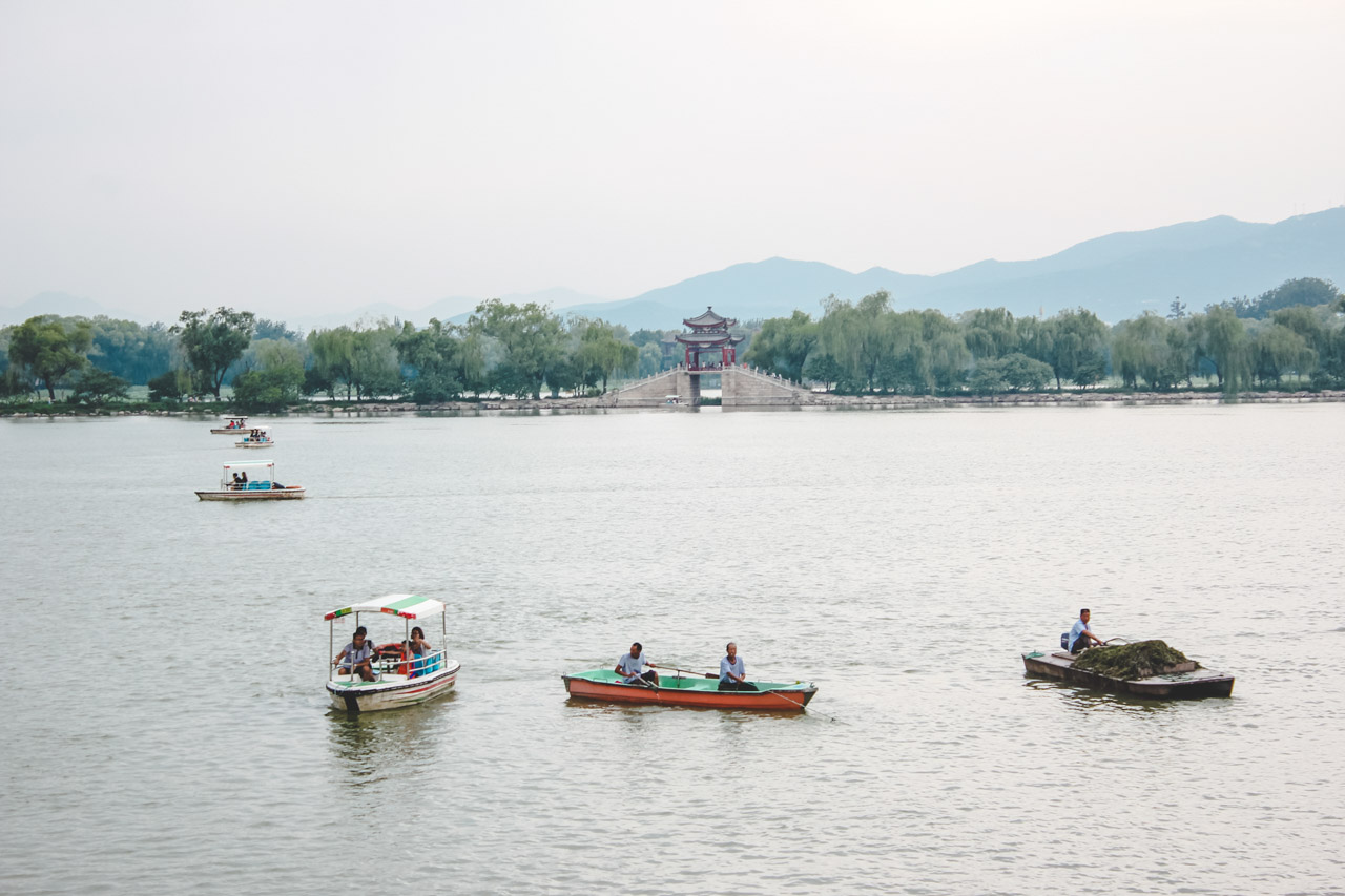 Small boats on Kunming Lake at the Summer Palace in Beijing, China