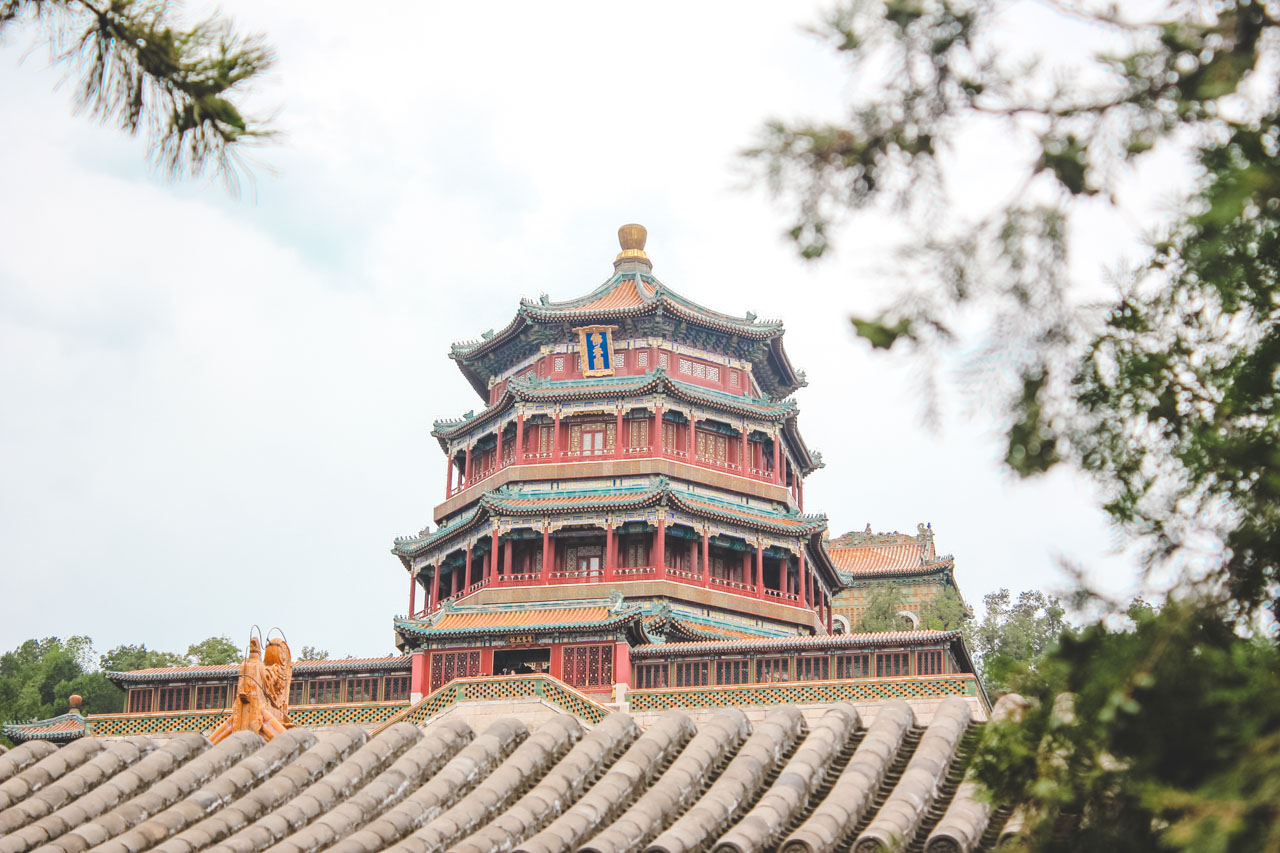 A traditional Chinese pagoda at the Summer Palace in Beijing, China