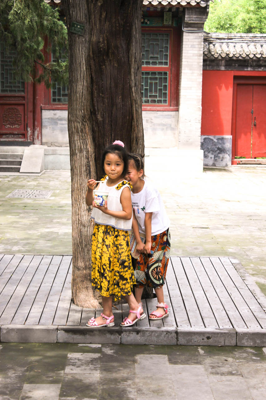 Two Chinese girls standing in front of a tree, one eating ice cream and the other hiding behind her
