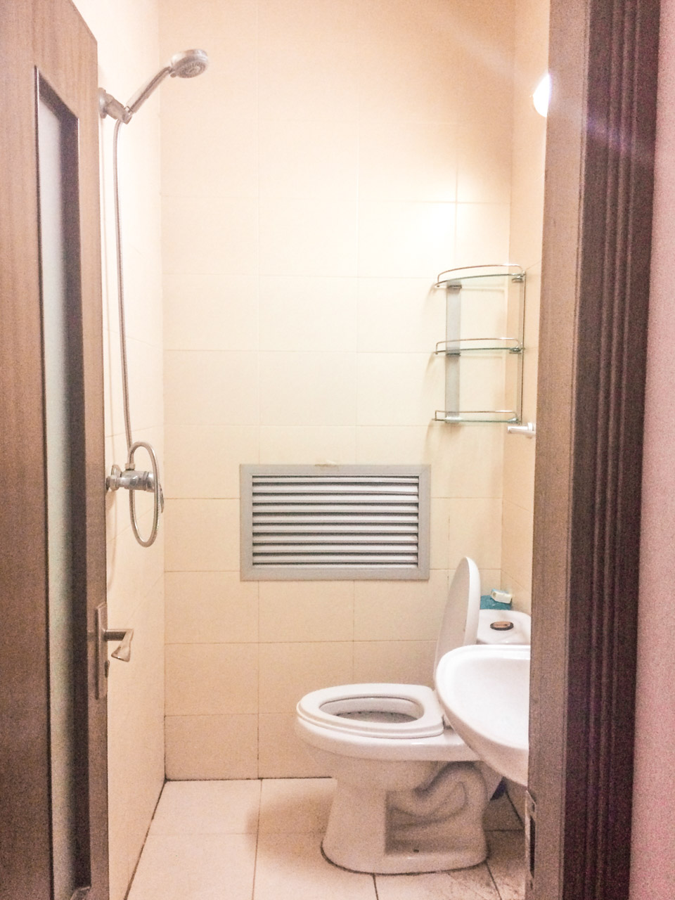 A typical Asian toilet with a shower head hanging from the wall