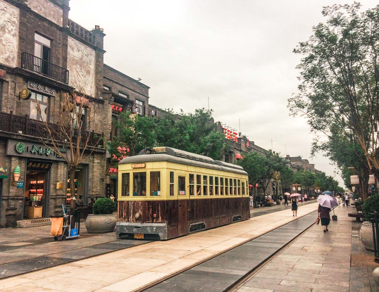 An old vintage tram in Qianmen Street, the oldest commercial street in Beijing, China