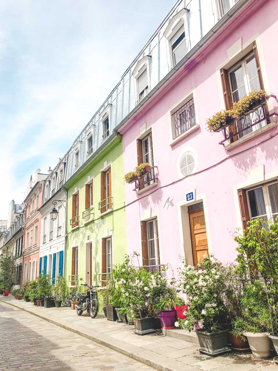 Rue Crémieux in Paris, France - a pedestrian street lined with pastel-coloured houses