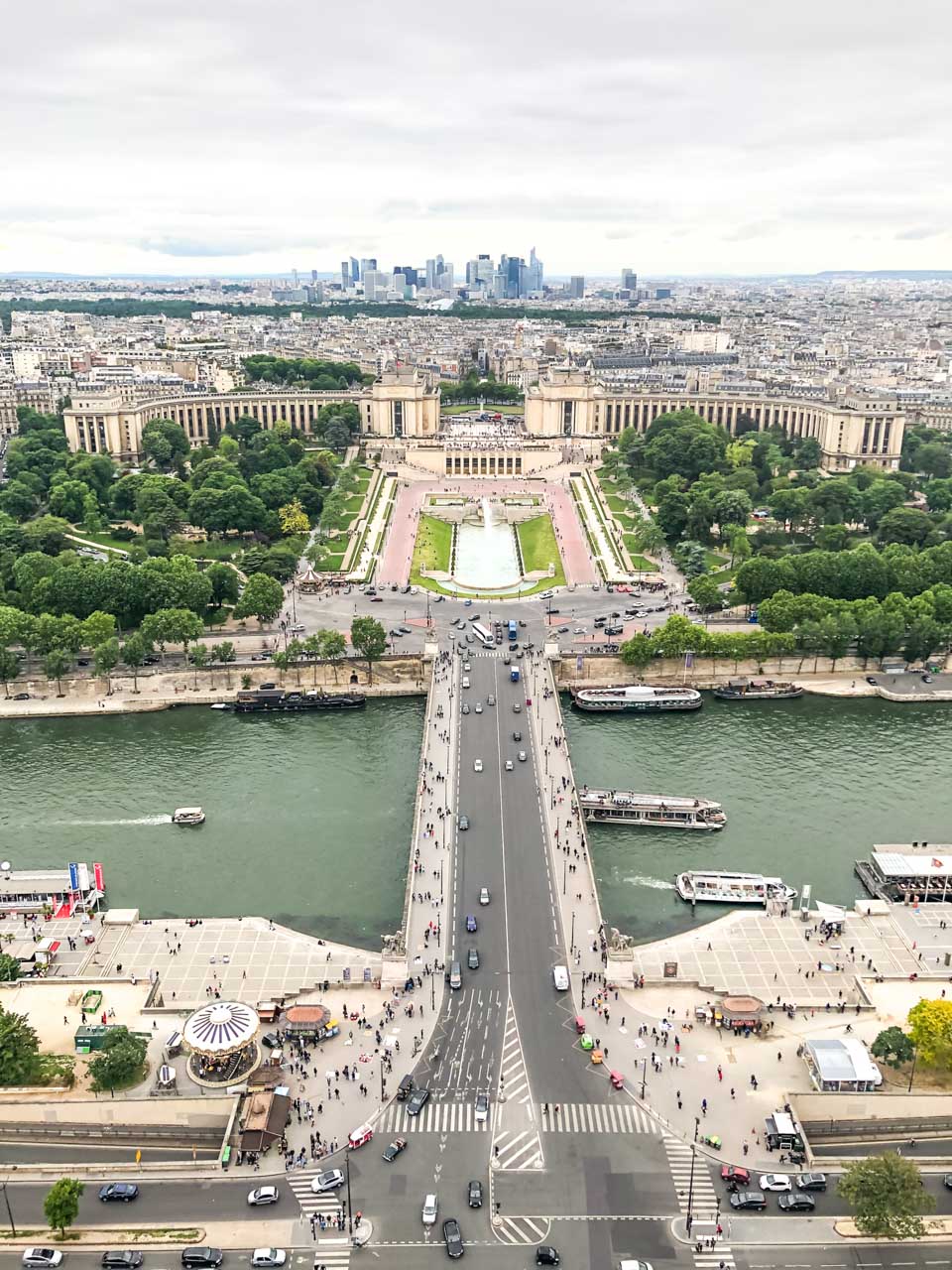 Aerial view of the Jardins du Trocadéro from the observation deck at the top of the Eiffel Tower