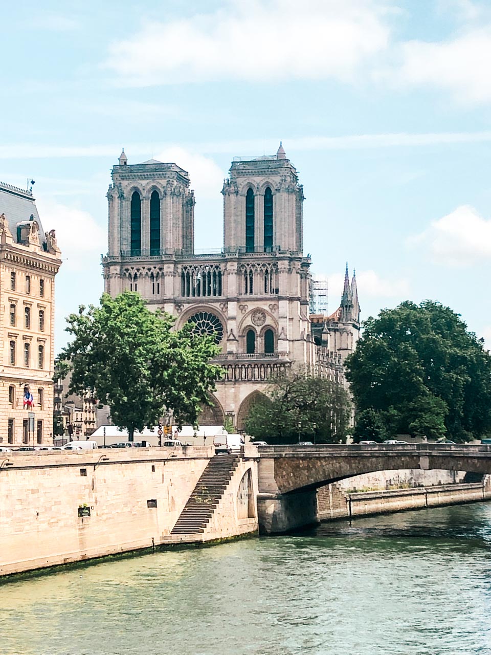 Notre-Dame de Paris seen from the other bank of the Seine River in current state after the 2019 fire