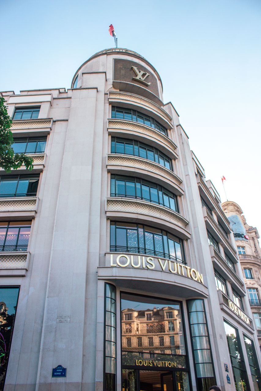 An upwards shot of the Louis Vuitton store on the Avenue des Champs-Élysées in Paris, France