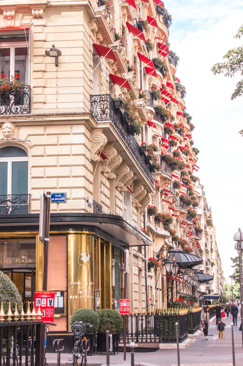 The outside of the Hôtel Plaza Athénée on Avenue Montaigne in Paris, France