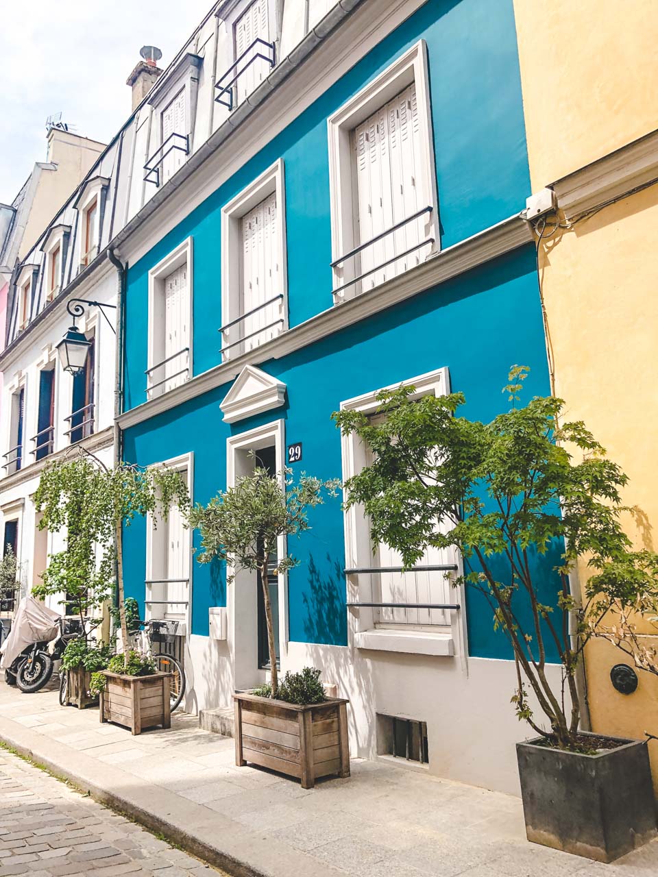 Small trees planted outside a blue house on Rue Crémieux in Paris, France