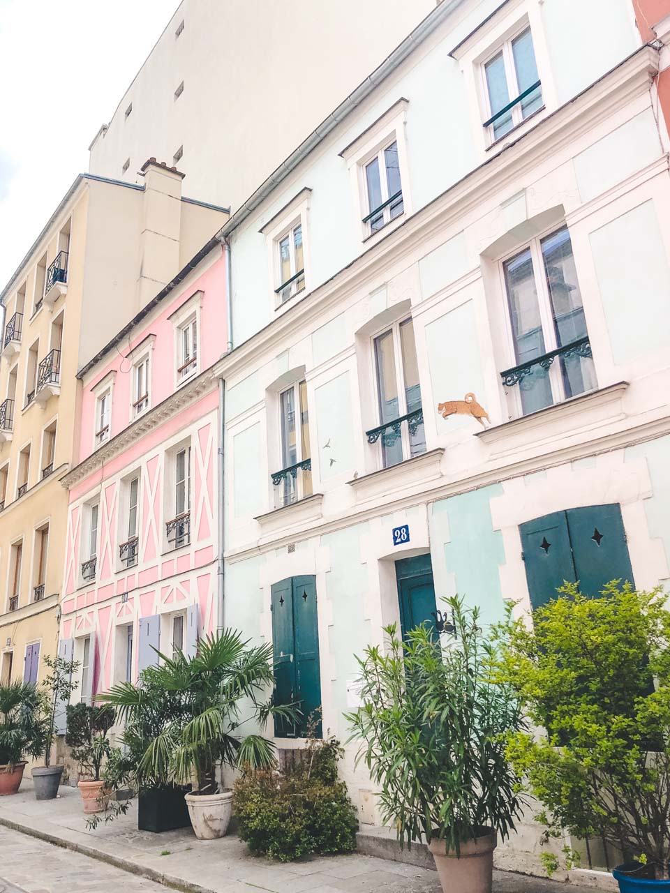Pastel pink and baby blue houses on Rue Crémieux in Paris, France