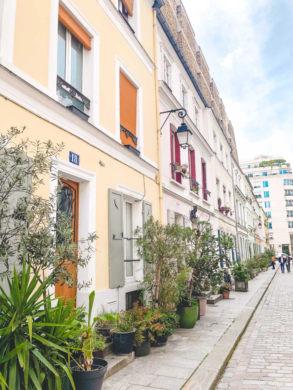 A row of pastel-coloured houses on Rue Crémieux in Paris, France with various green plants outside